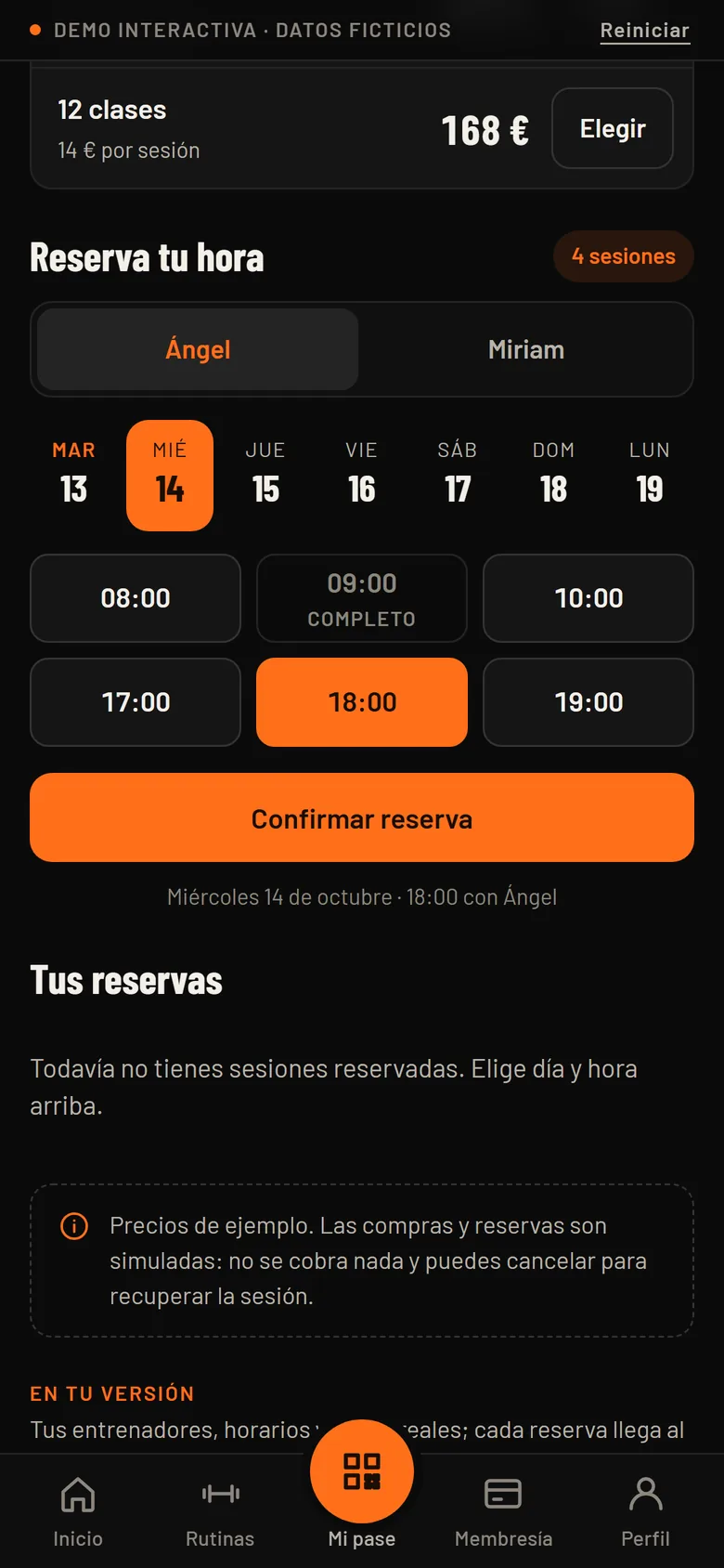 Reserva de clase: entrenador, día, hora libre y saldo de sesiones
