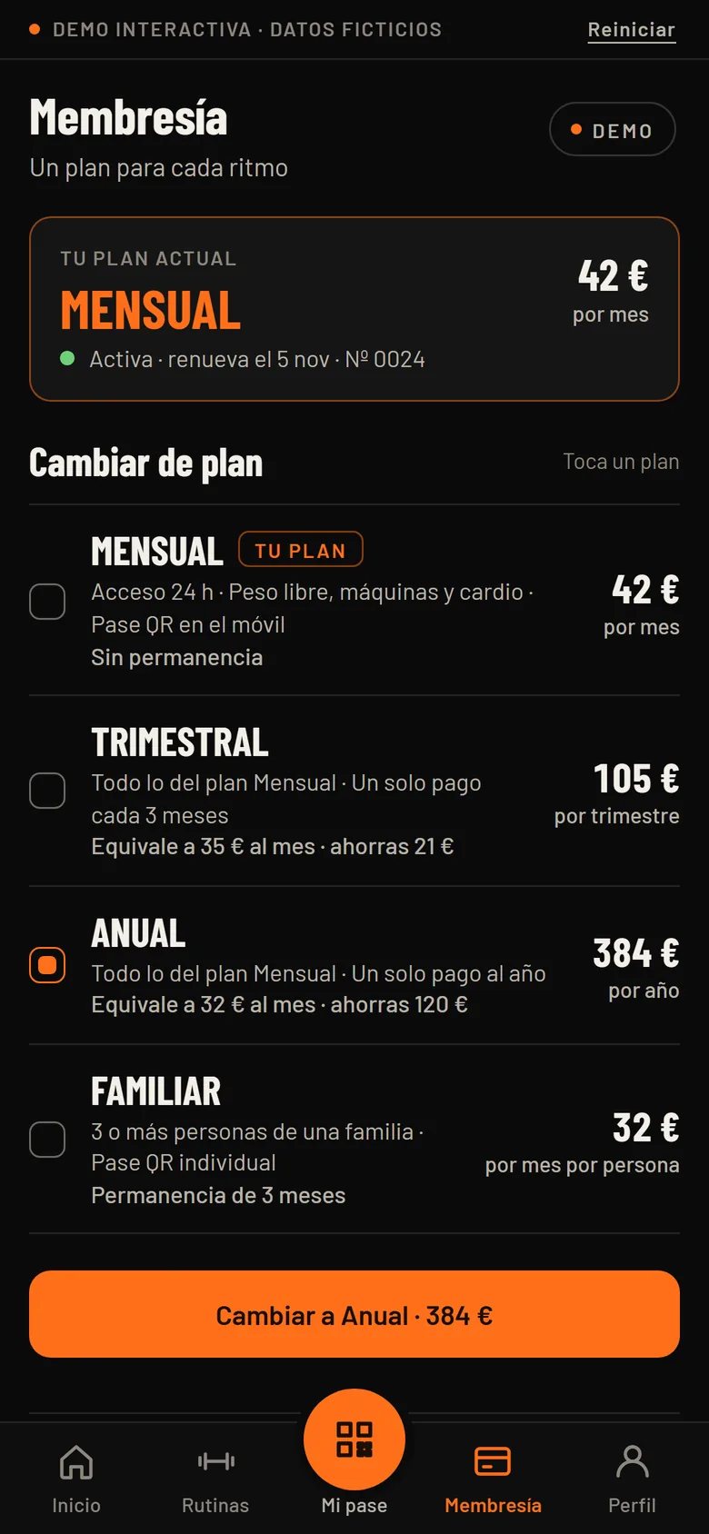 Membresía con el plan actual, la fecha de renovación y otros planes