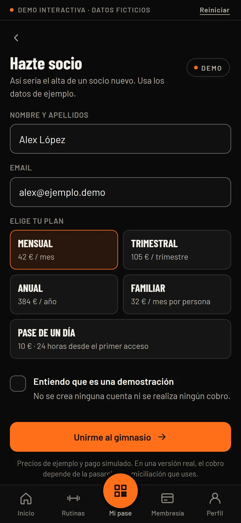 Alta en la demo: nombre, email y planes con precios de ejemplo