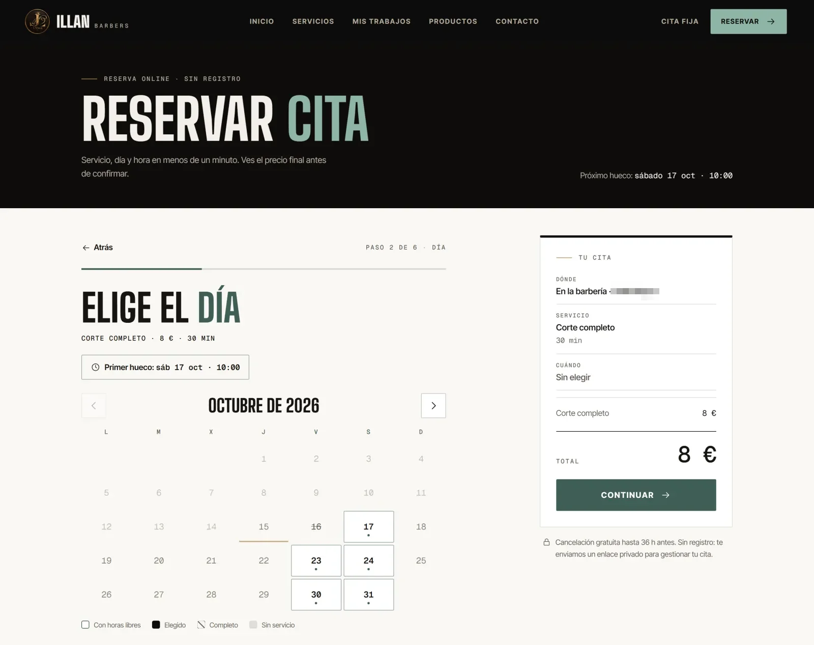 Paso de elegir el día en la reserva de ILLAN BARBERS, con el calendario del mes y el resumen de la cita y su precio