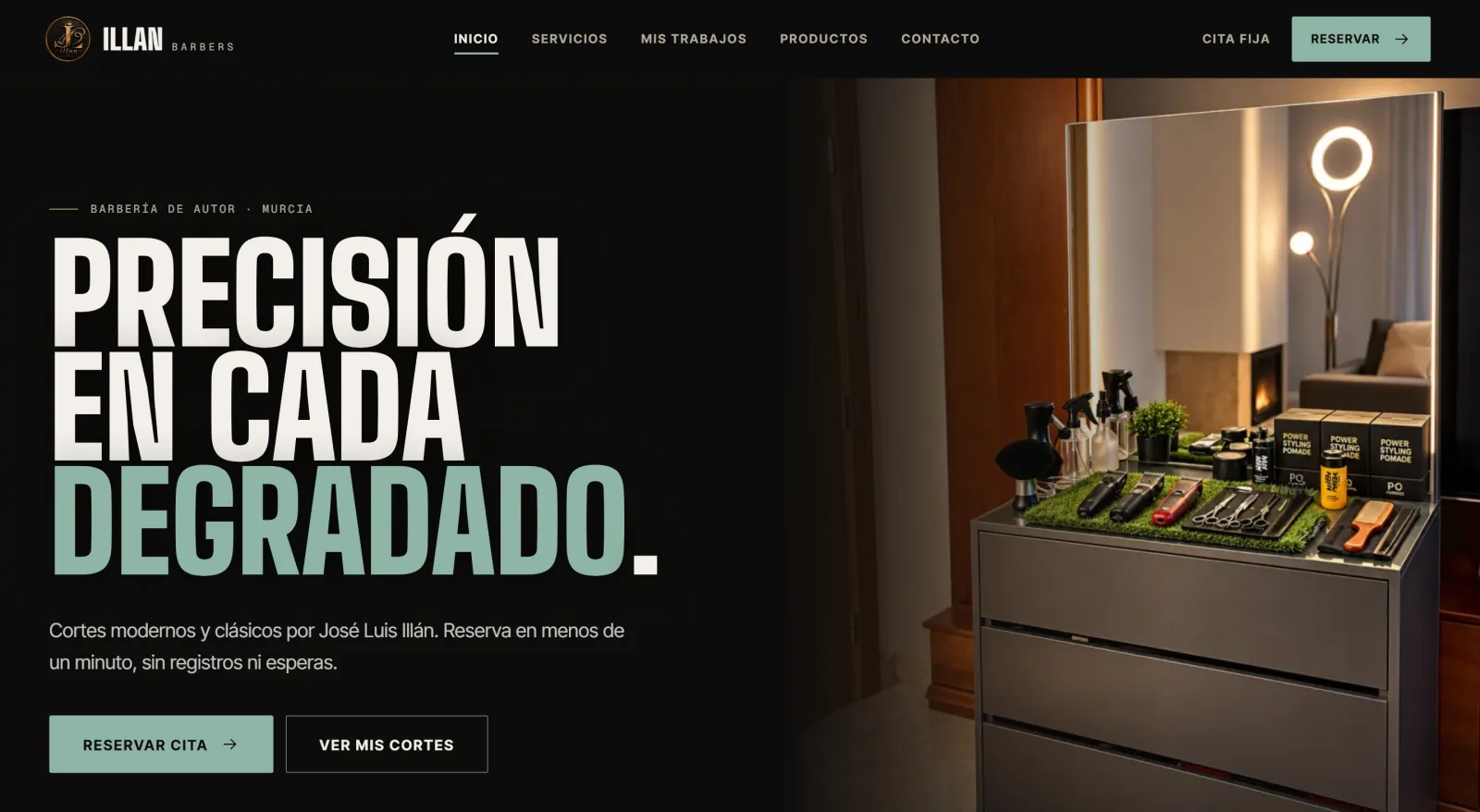 Portada de la web de ILLAN BARBERS en el ordenador: titular «Precisión en cada degradado» y botones para reservar y ver sus cortes