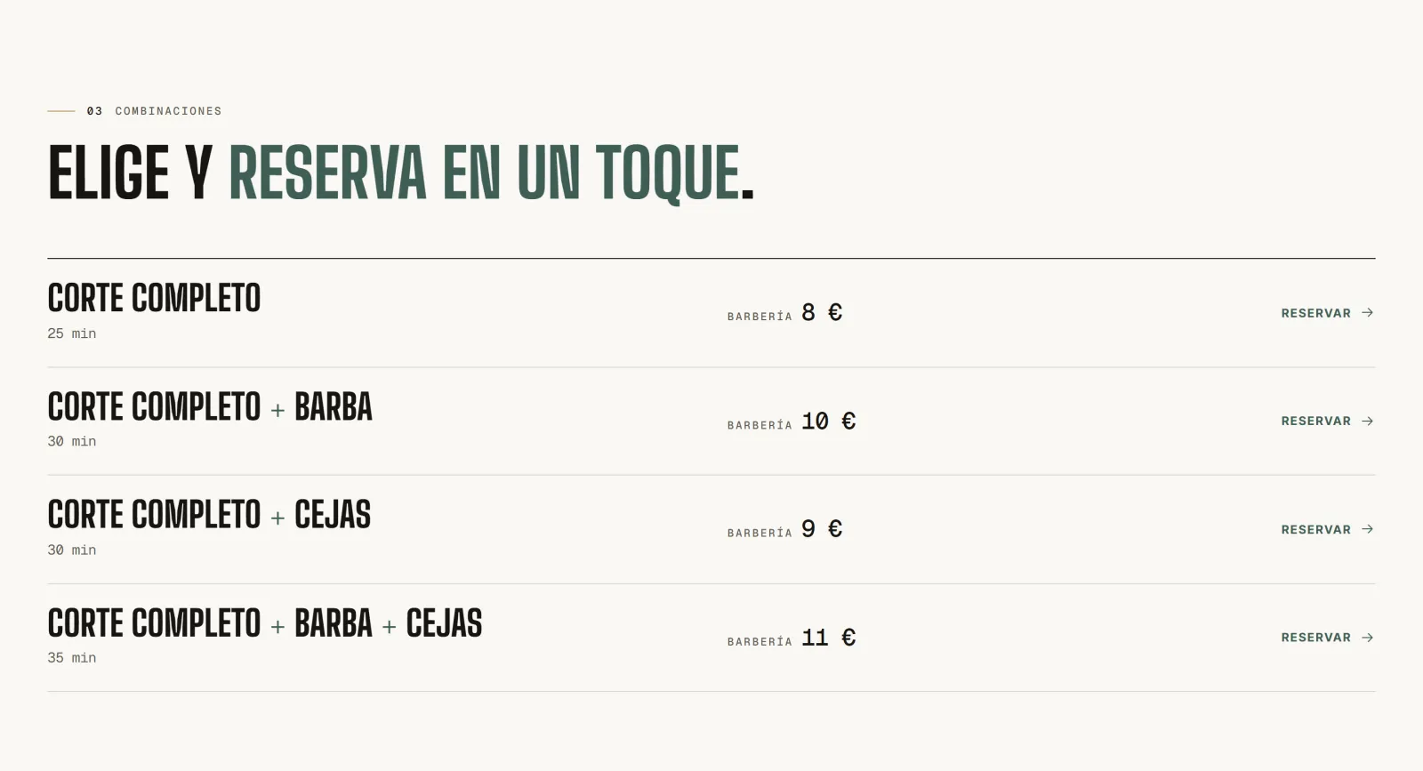 Lista de servicios de ILLAN BARBERS: corte completo y sus combinaciones con barba y cejas, con duración, precio y botón de reservar
