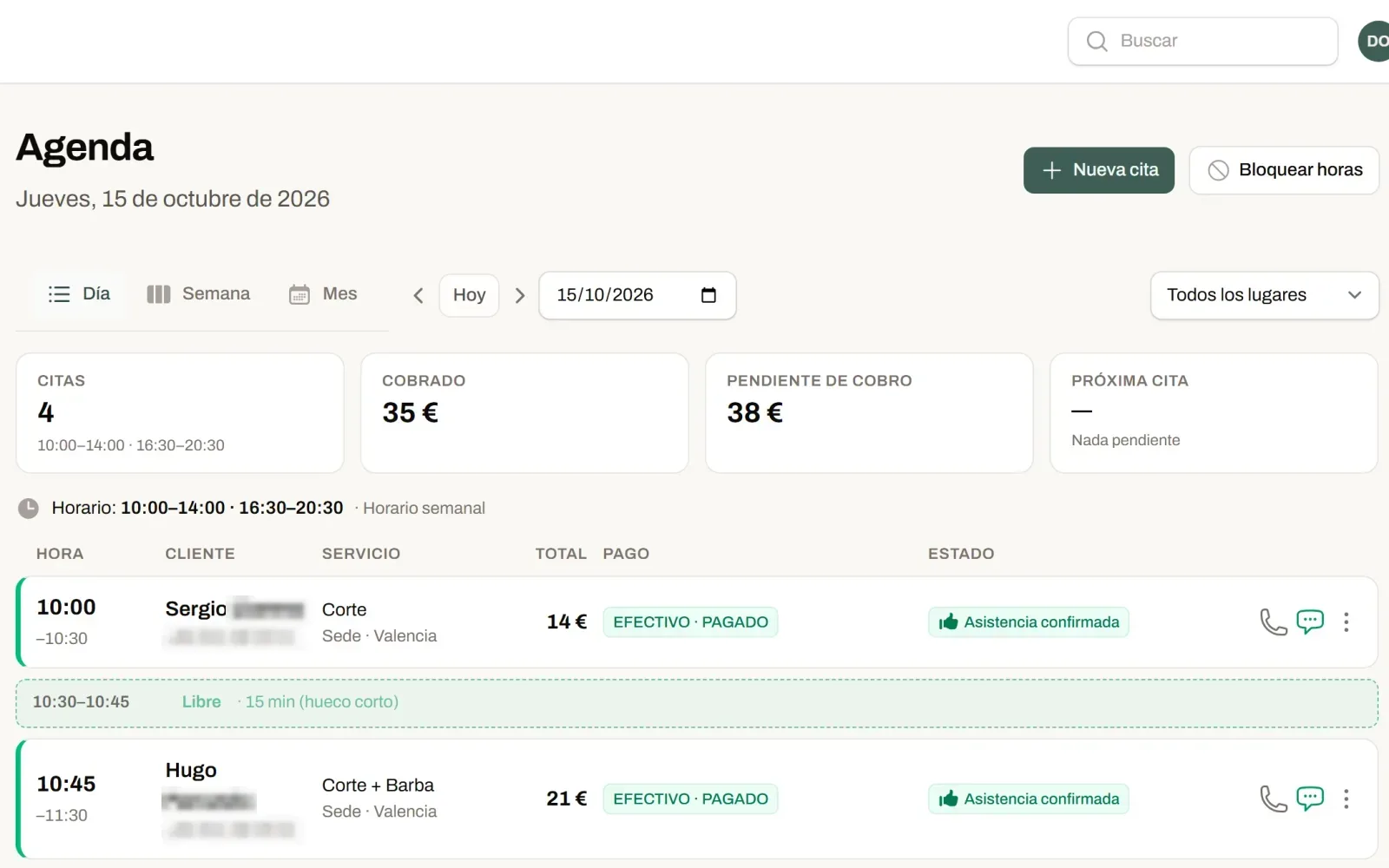 Agenda del día en el panel: citas con cliente, servicio, total, forma de pago y estado, y los totales de lo cobrado y lo pendiente