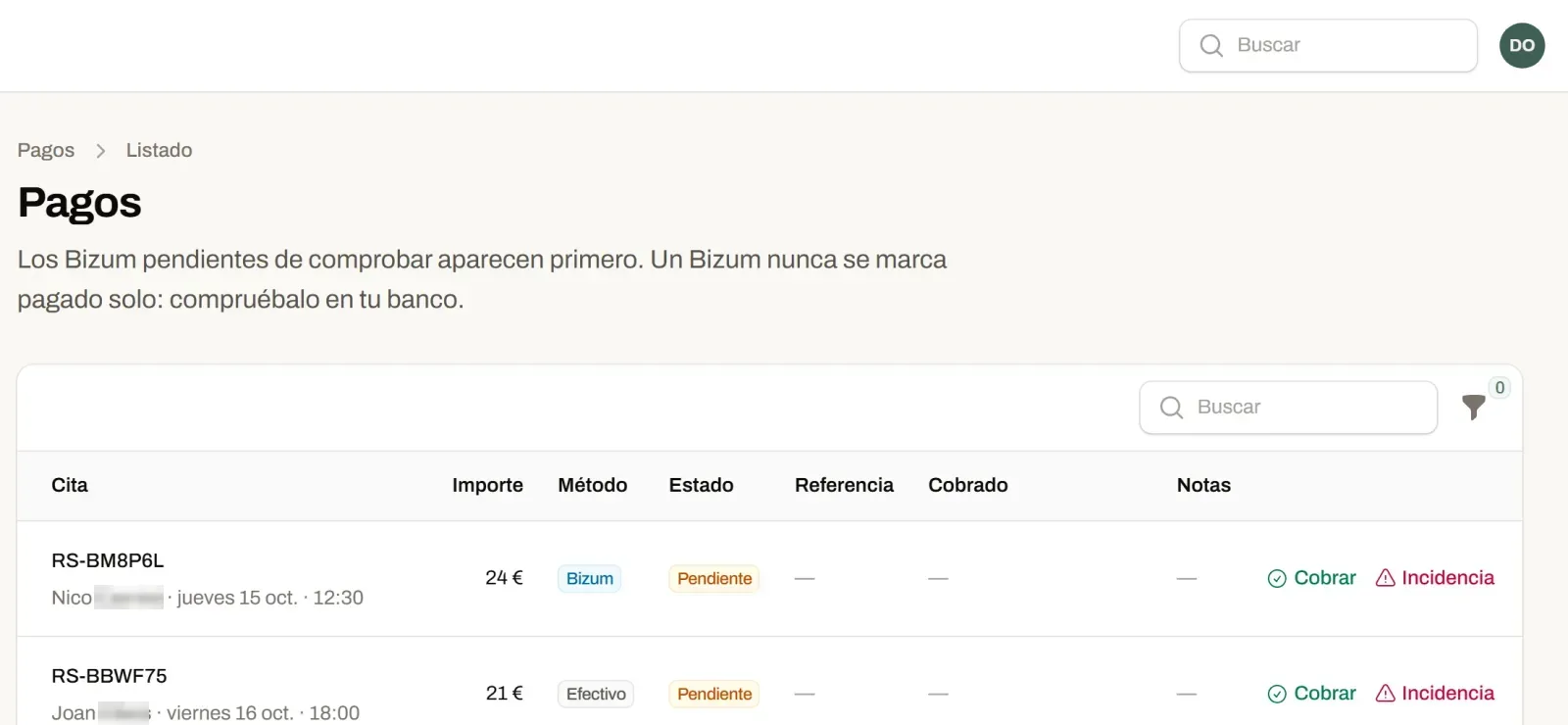 Lista de pagos del panel: los Bizum pendientes de comprobar aparecen primero, con botones para cobrar o marcar una incidencia
