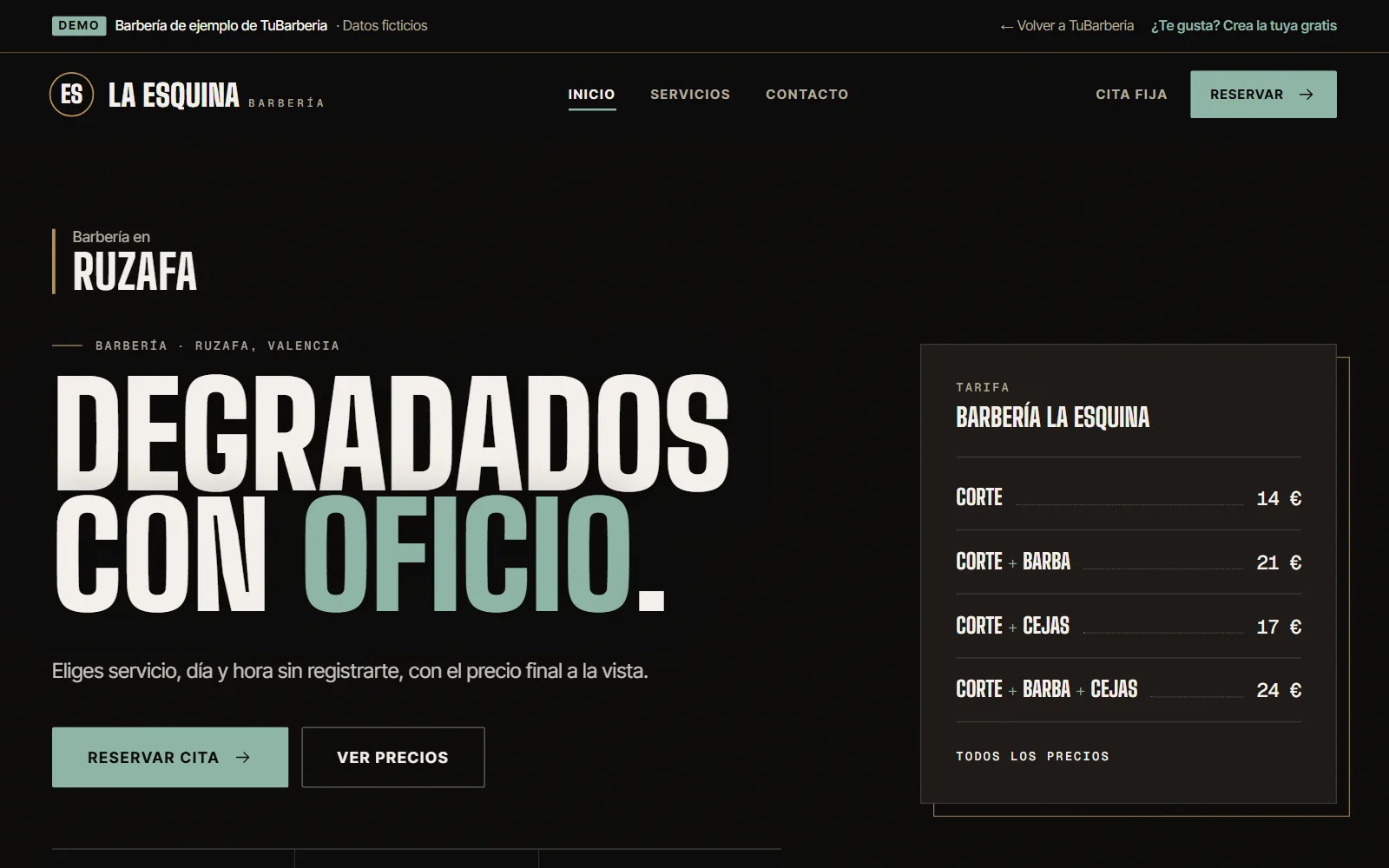 Web de la barbería de ejemplo «La Esquina»: titular «Degradados con oficio», botón para reservar y tarifa con cuatro servicios