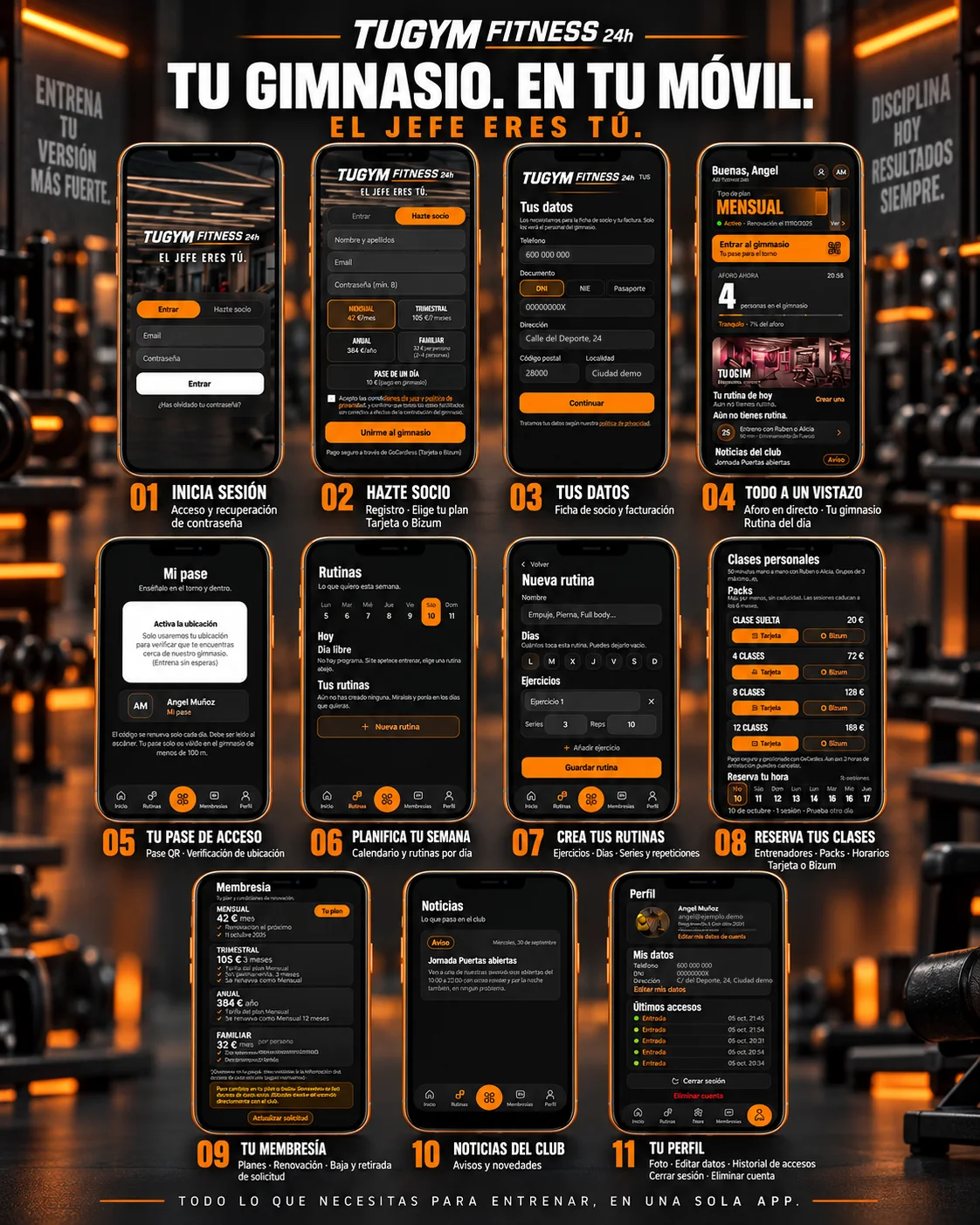 Cartel de TUGYM con once pantallas de la app: inicio de sesión, alta, datos, inicio, pase, rutinas, clases, membresía, noticias y perfil