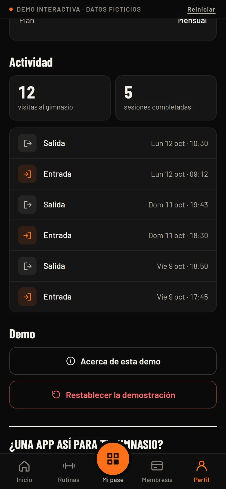 Perfil del socio con visitas, sesiones completadas e historial de entradas y salidas