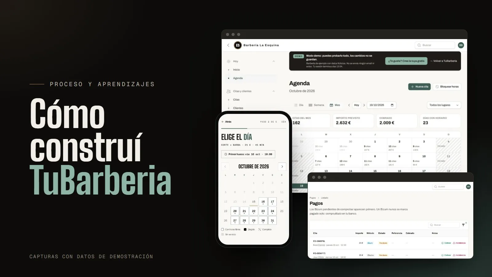 Portada: «Cómo construí TuBarberia», junto a la agenda del mes, la reserva en el móvil y la lista de pagos del panel, con datos de demostración